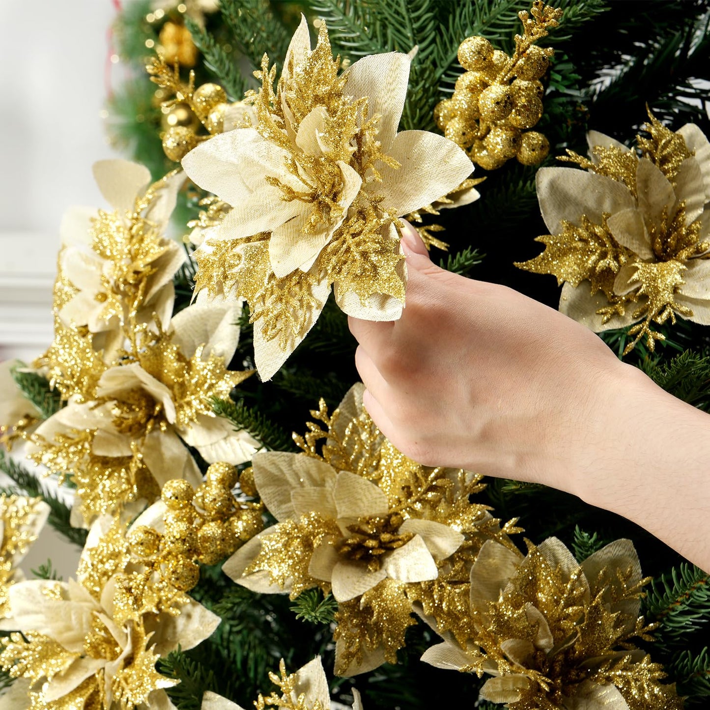 trytuny 50pcs Glitter Poinsettia Christmas Ornaments, Artificial Flowers with Clips Stems for DIY Wreath Making, Holiday Home Party Decorations, Indoor Use (Gold)