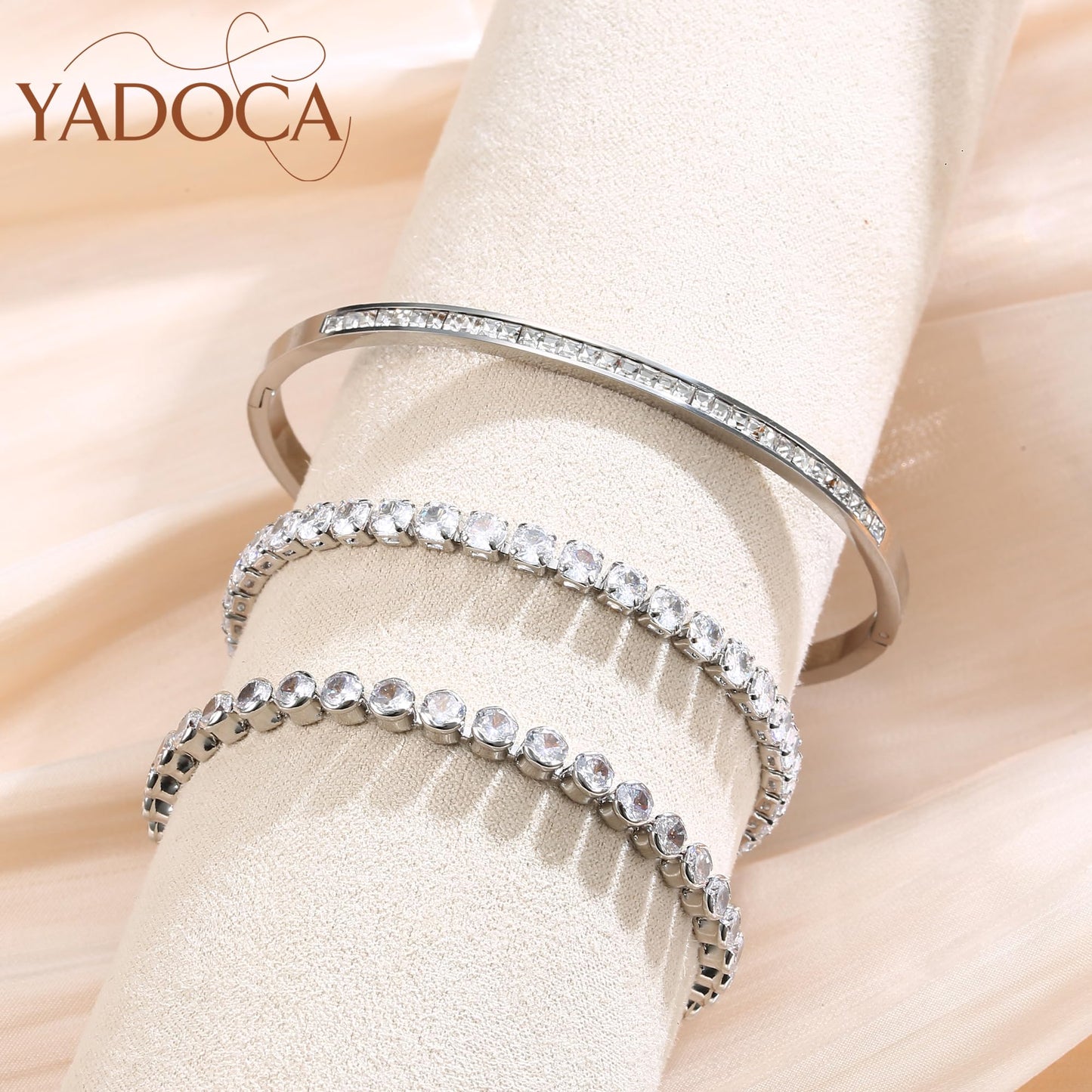 YADOCA Tennis Bracelets for Women Bangle Bracelet Set Silver Bracelets for Women Stackable Cubic Zirconia CZ Diamond Bracelets Stack Wedding Jewelry for Brides Dainty Gift Sizes 6.5-7.5 Inch 3Pcs