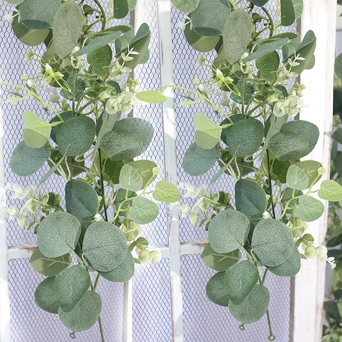 Artificial Eucalyptus Garland with gypsophila Flowers 2pcs 11.8ft Faux Greenery Garland Fake Eucalyptus Leaves for Wedding Arch Farmhouse Mantle Table Runner Decor Centerpiece Home Party Decor (green)