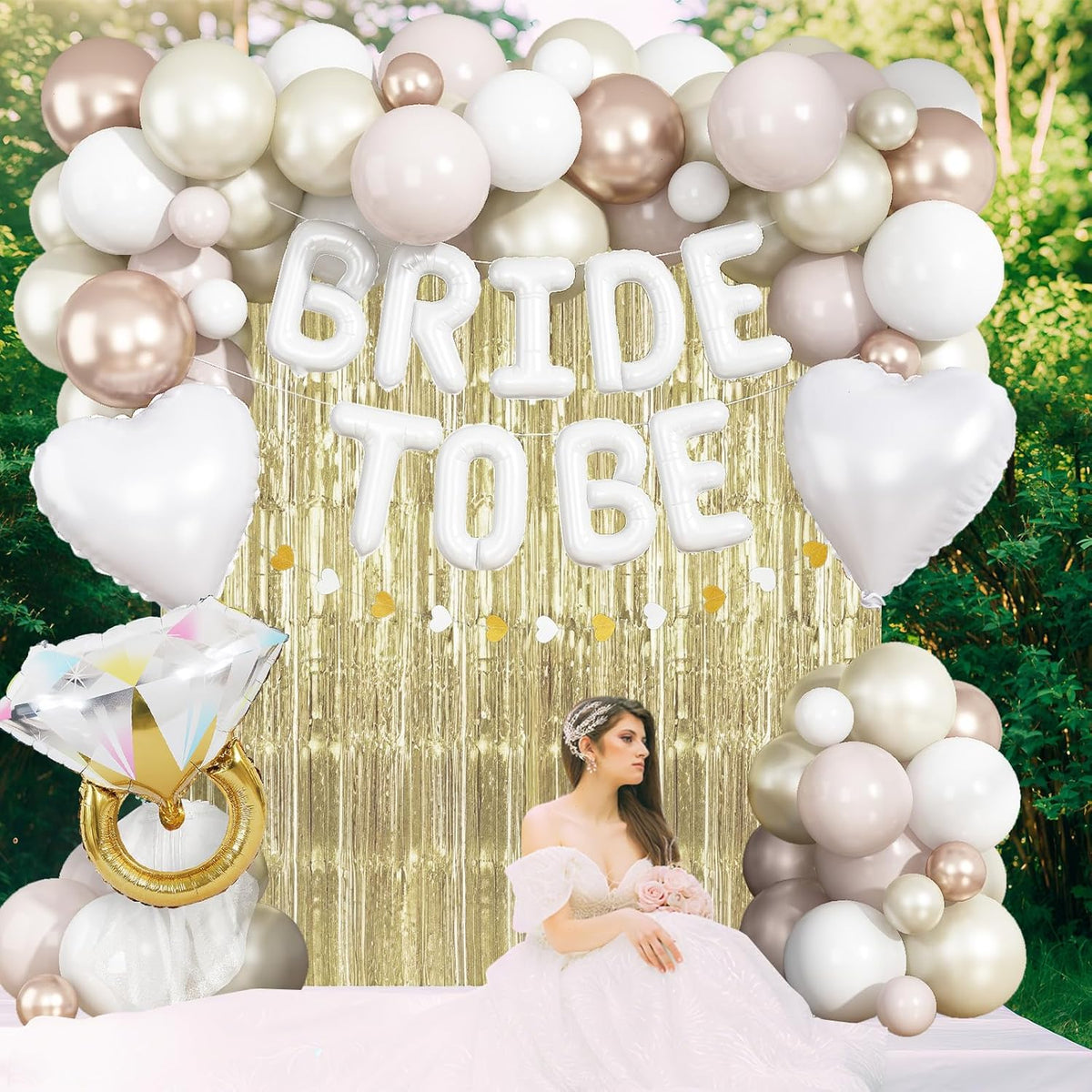 White Gold Bachelorette Party Decorations, Bride To Be Mylar Foil Letter Balloons with White Champagne Balloons and Light Gold Fringe Curtains for Bridal Shower Decoration Engagement Hen Party Decor
