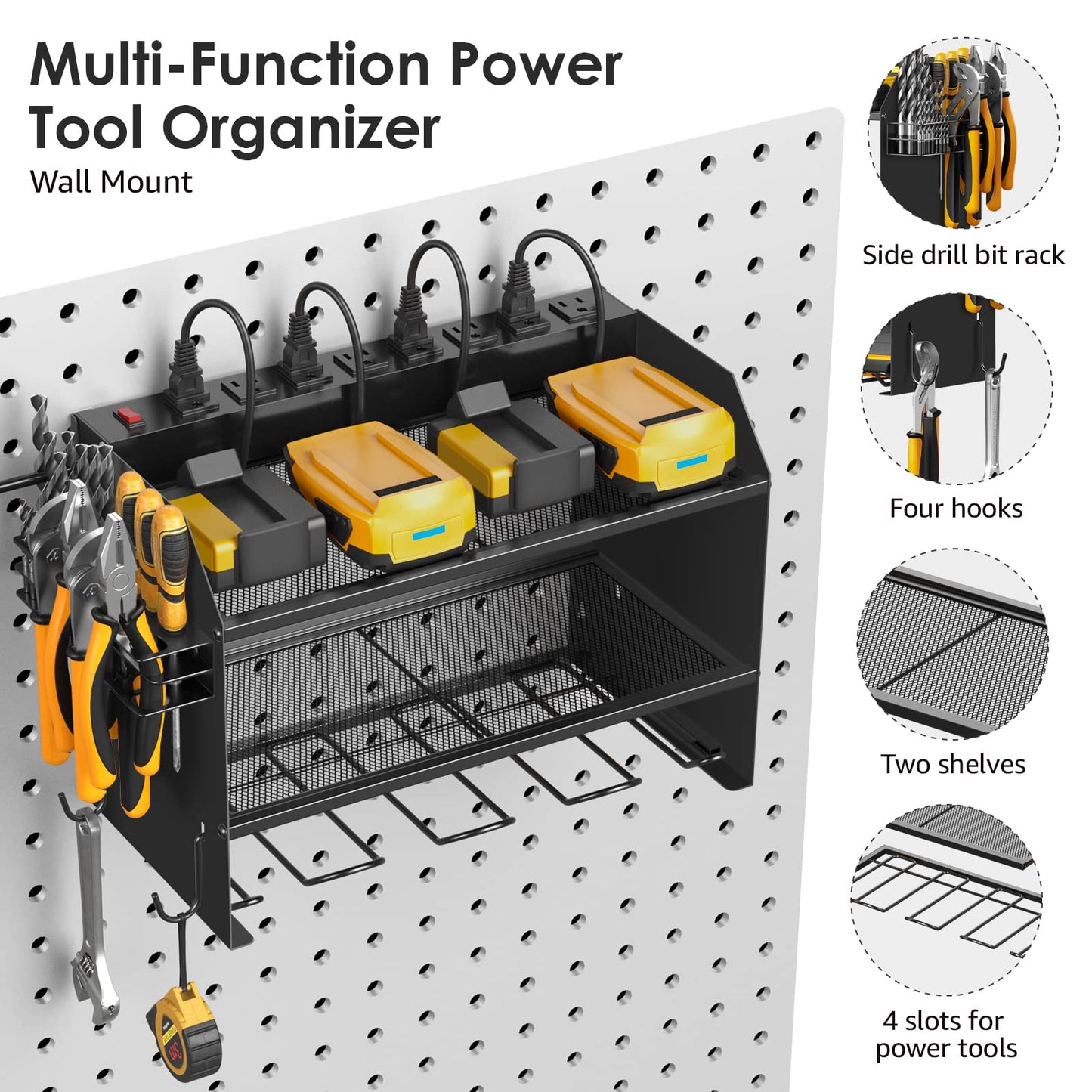 CCCEI Modular Power Tool Organizer Wall Mount with Charging Station. Garage Drill Storage Shelf with Hooks, Heavy Duty Rack, Tool Battery Holder Built in 8 Outlet. Gift for Men. Black, 2 Pack.