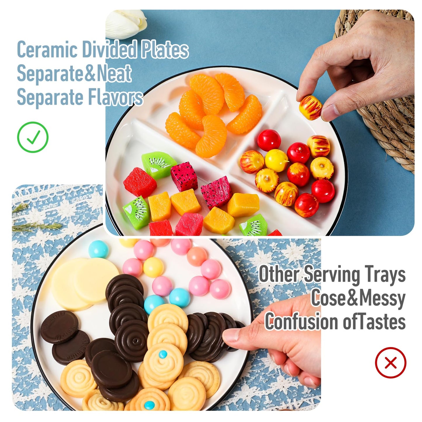 mekueeex Ceramic Divided Plates Set of 2Pcs, 8 Inch Portion Control Plate, Reusable Bariatric Plate for Adults, 3 Compartment Plates, White Dinner Plates for Balanced Meal, Microwave, Dishwasher Safe