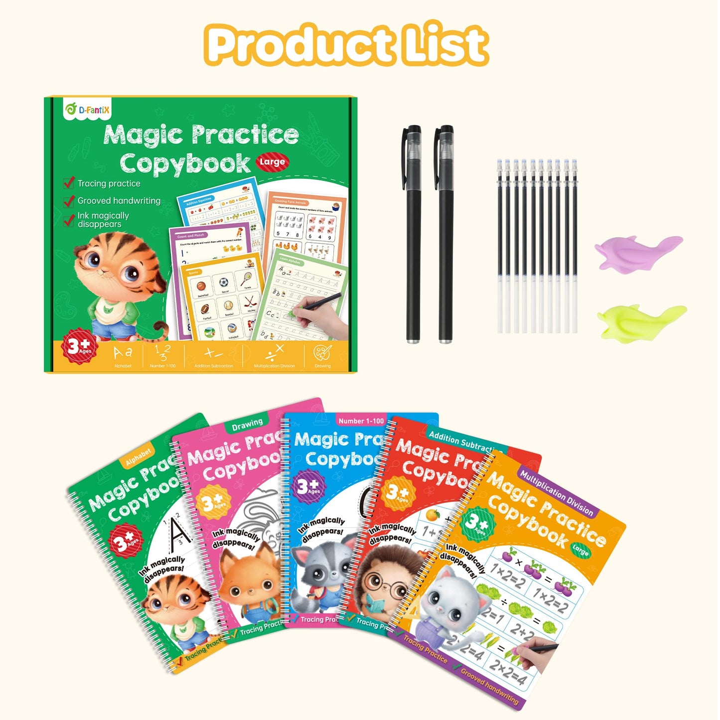 Large Magic Grooved Practice Copybook 5 Pack with Pens, Reusable Children's Magic Copybooks, Magical Handwriting Workbooks Number Letter Tracing for Kids Age 3-8 Kindergarten Preschool Calligraphy