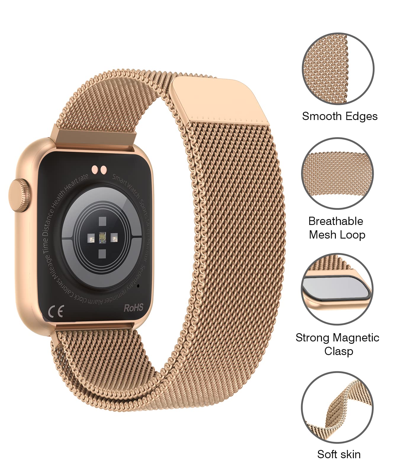 22mm Rose Gold Magnetic Stainless Steel Smart watch Band – Quick Release Milanese Loop Replacement –Strap for Women – Stylish, Adjustable, Anti-Snag Edge, Comfortable Fit, Compatible with Smart watches