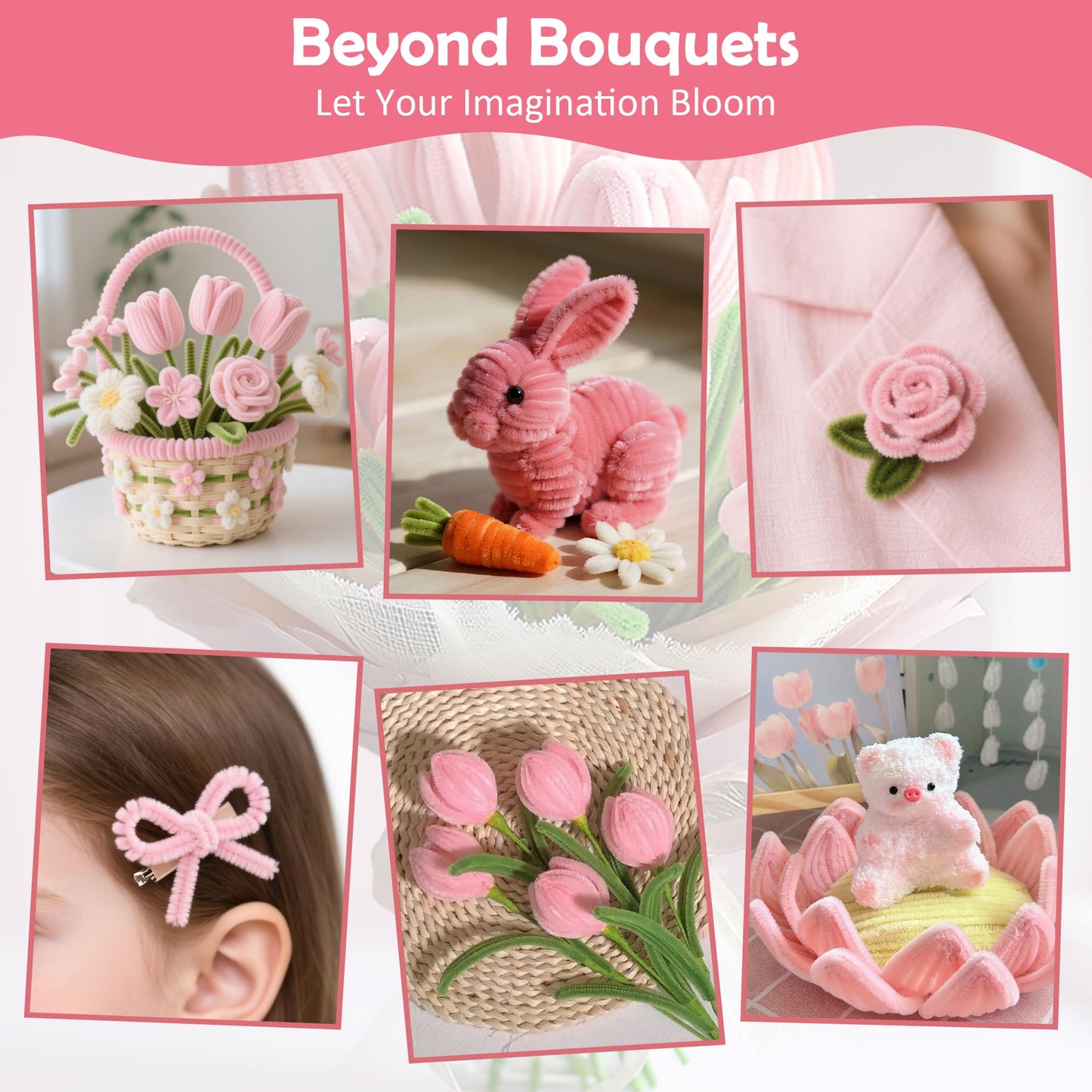 EARLY MINDS 500 Pcs Pipe Cleaners Craft Kit for Flower Making, DIY Bouquet Set with 8mm Chenille Stems, Step-by-Step Tutorial, Floral Wire, Ribbon & Tools for Handmade Gifts and Decor, Pink