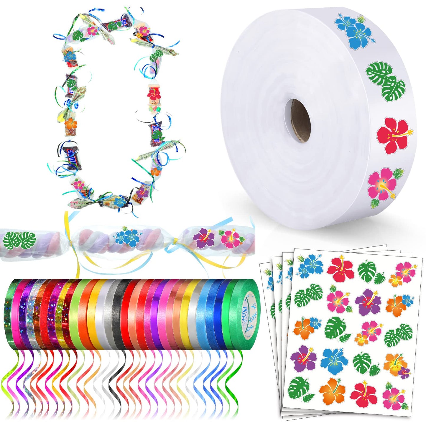 Karenhi Candy Lei Making Kit for Graduation Include 2 Inch x 1000 ft Ldpe Poly Candy Lei Tubing Roll,30 Pcs Graduation Ribbon,50 Sheets Flower Stickers Clear Netting Bags for Crafts Wreath