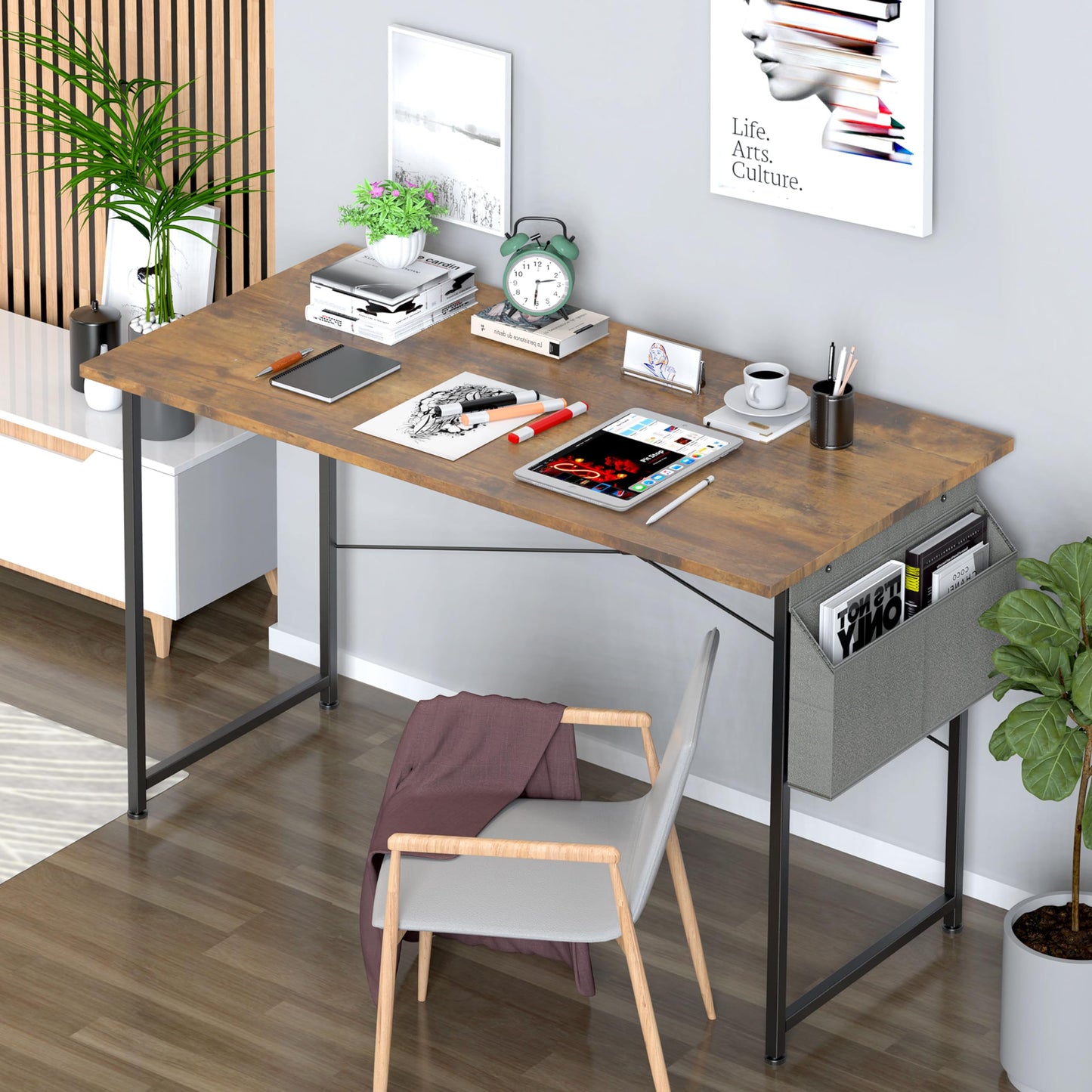 Small Space Writing Desk with Headphone Hooks, Modern Simple Design, Suitable for Study, Home Office and Living Room