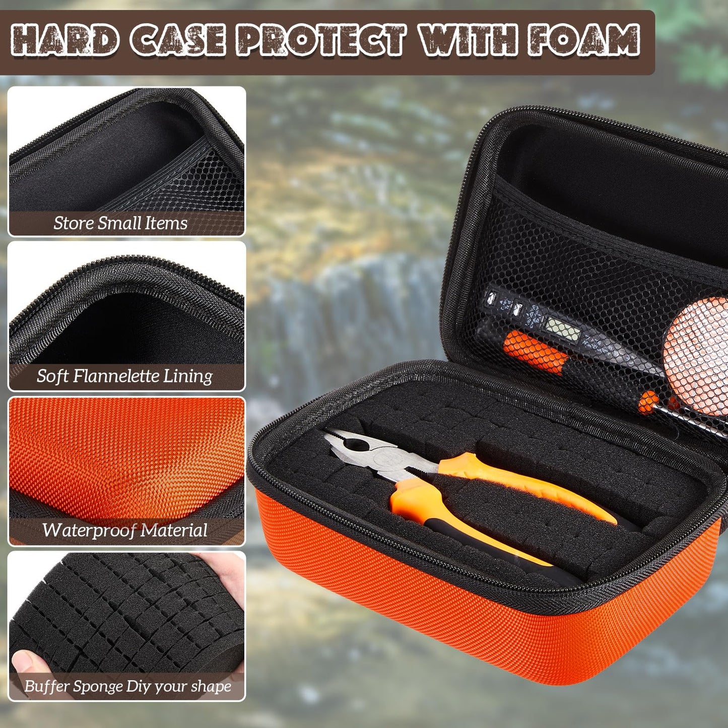Relaxweex EVA Hard Case with Customizable Foam 7.1 x 4.7 x 3.1 Inch Protective EVA Carrying Case Shockproof Outdoor for Camera, Digital Products, Electronic Instruments with Knife, Orange