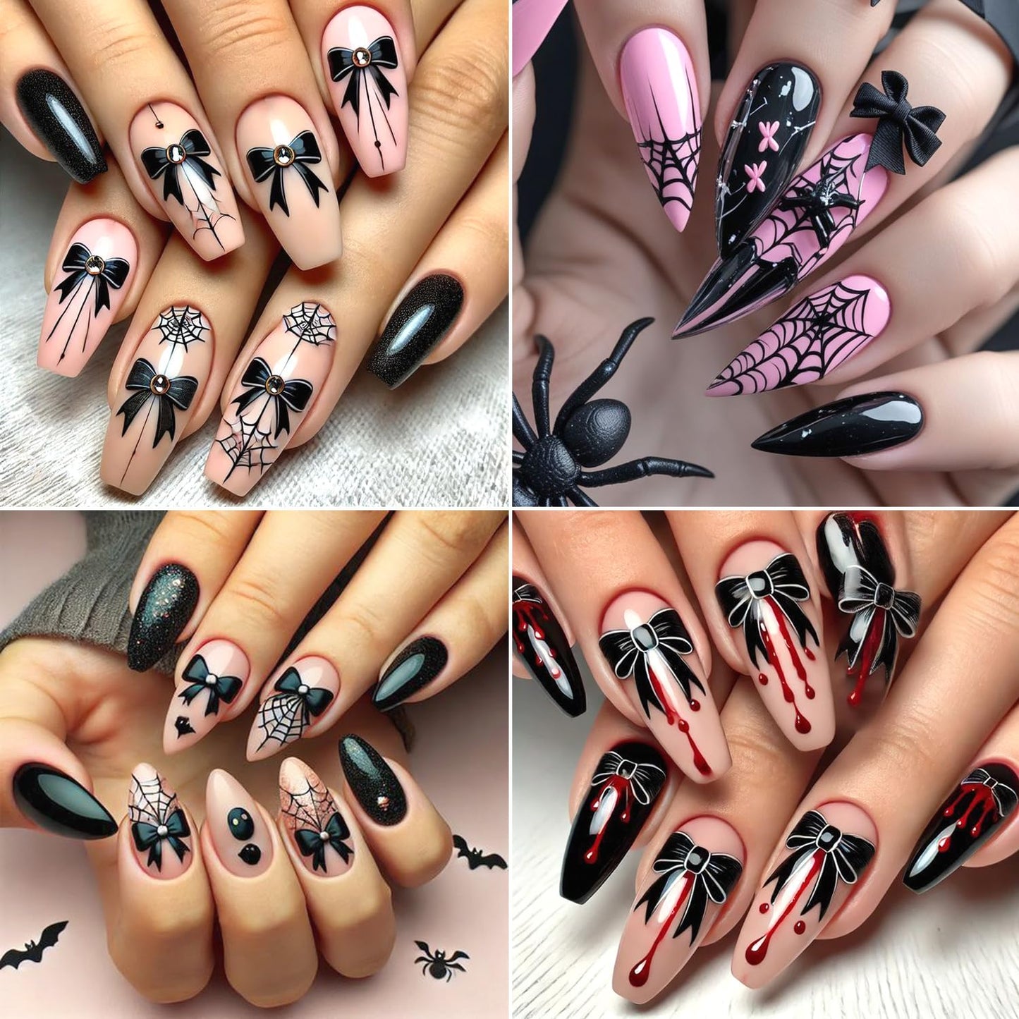 2Sheets Halloween Nail Art Stickers 3D Embossed Black Bow Spider Web Nail Decals with Rhinestones Design Nail Sticker Self Adhesive Bows Blood Drop Textured Nail Decal for Women DIY Nails Decor Supply