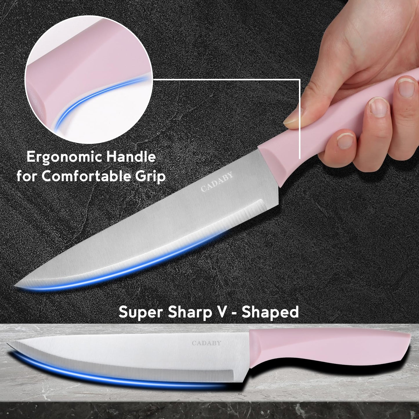 CADABY 19 PCS Kitchen Cooking Utensils Set, 11 Pieces Silicone Cooking Utensils Set 6 Pieces Sharp Stainless Steel Pink Knife Set with 1 Piece Cutting Board, Ideal for Apartment