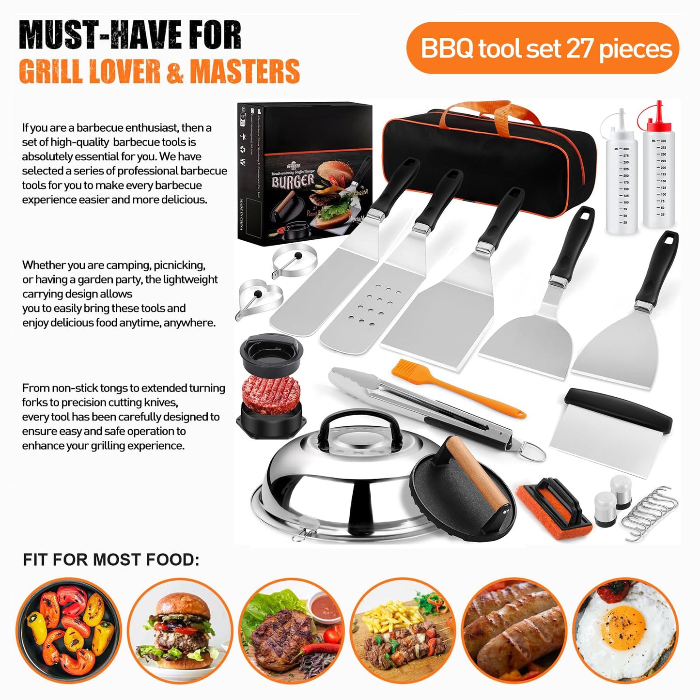 APSARAS USA 27pcs Griddle Accessories Kit for Blackstone, Grilling Accessories,Hibachi Enlarged Spatula Gift Set with Basting Cover,Flat Top Grill Accessories, Burger Press Patty Maker,Storage Bag