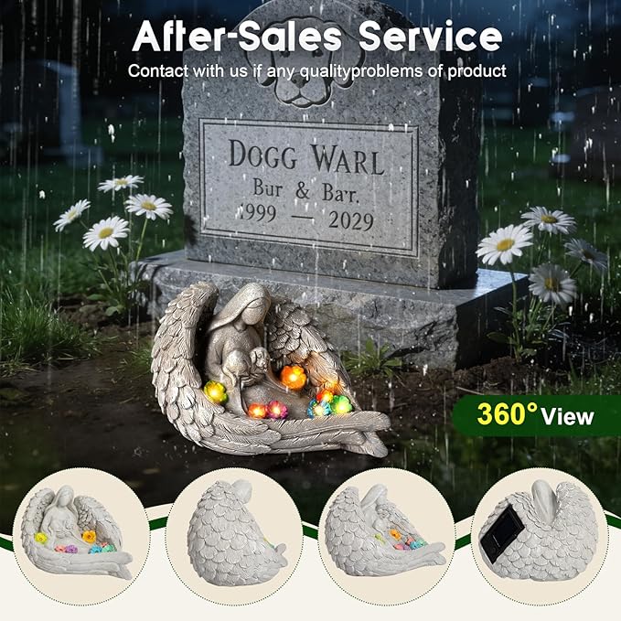 CNPOLOOK Solar Garden Decor - Memorial for Loss of Dog with Angel Statue, Solar Powered Outdoor Pet Memorial Stone & Dog Remembrance Gift for Backyard, Cemetery Handmade Eco-Resin, 7 LED Lights