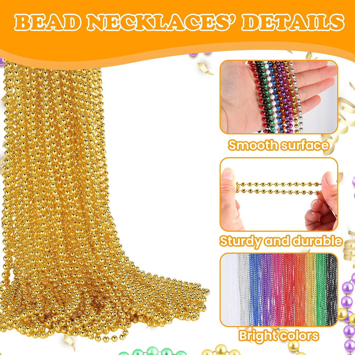 220 PCS Gold Bead Necklace, 33 Inch Mardi Gras Christmas Beads, Bulk Metallic Party Beads for Mardi Gras Parade, St Patricks Day, Wedding, Birthday, Pirate Party, Carnival Party Favors