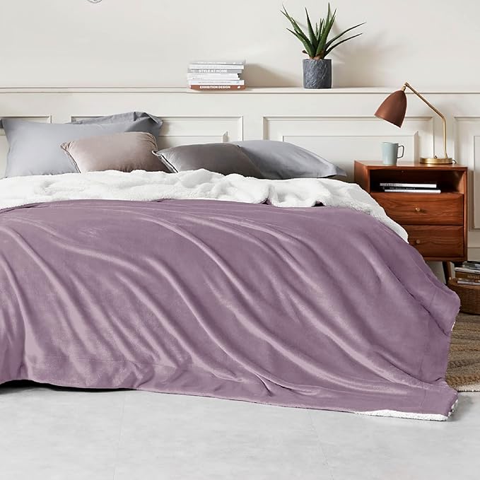 Bedsure Sherpa Fleece Blankets Queen Size for Bed - Thick and Warm, Soft Fuzzy Plush Queen Blanket for Winter, Sea Fog Purple, 90x90 Inches