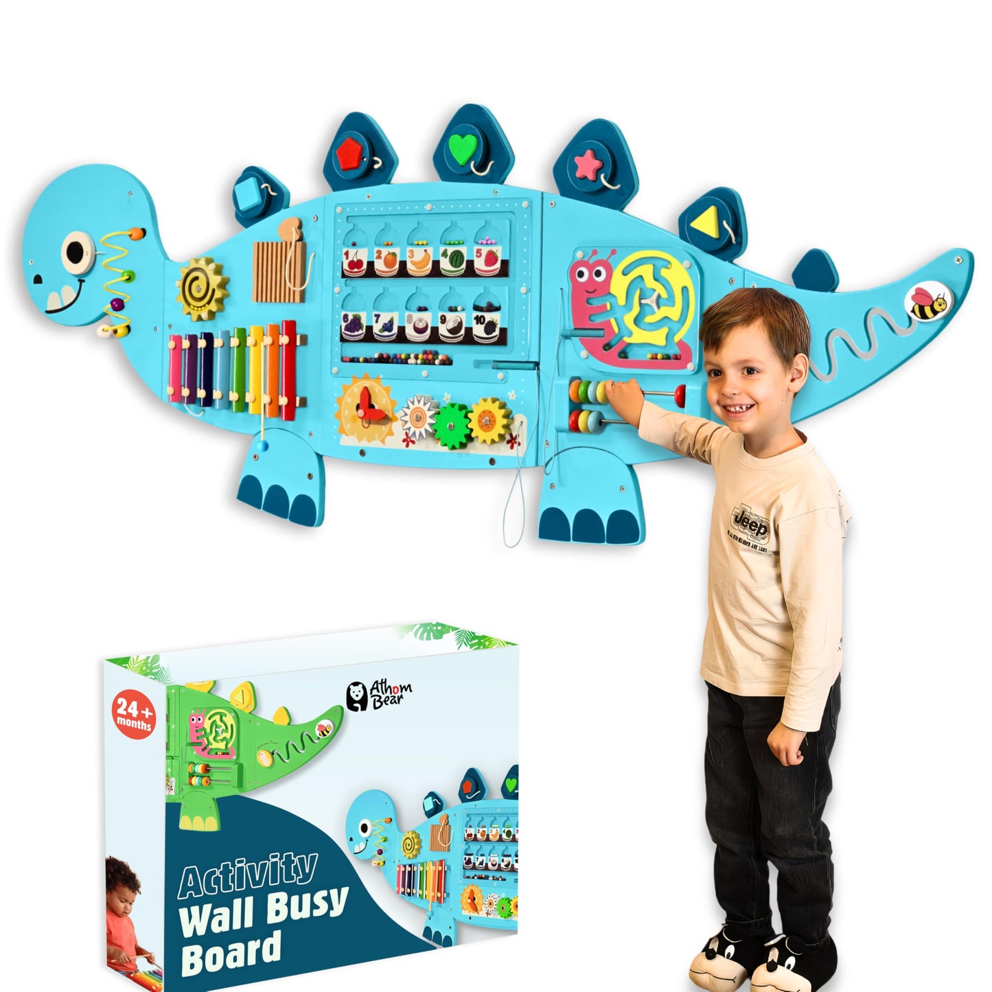 AthomBear Dinosaur Wall Busy Board with 12 Activities - Wall Toys for Toddlers 2,3,4,5 - Sensory Panel Wooden - Montessori Busy Board Learning Activity Center for Playroom and Classroom