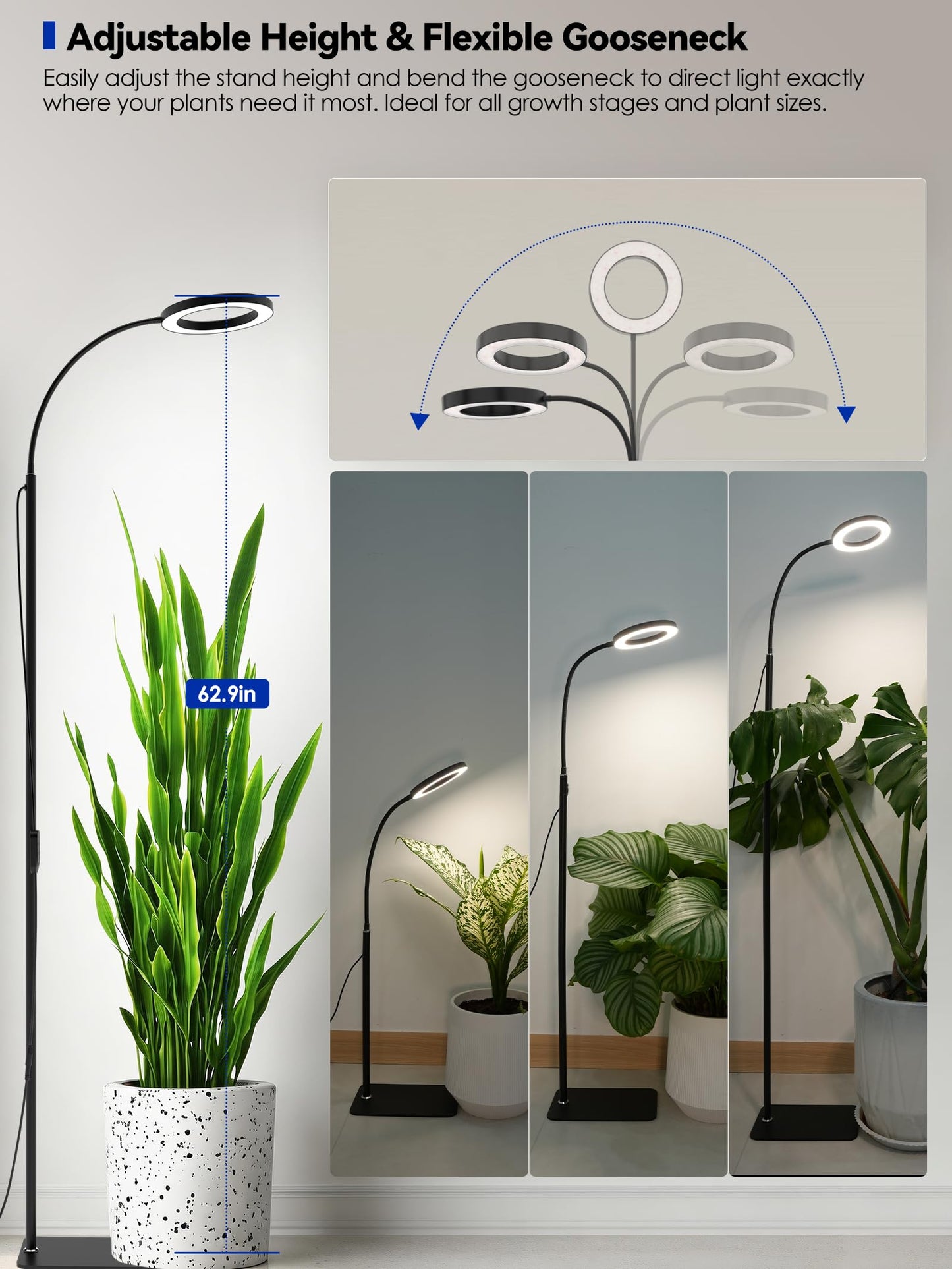 GLOWRIUM Grow Lights for Indoor Plants, Full Spectrum LED Grow Light Floor Lamp with Stand Adjustable Height and Angle, Black Plant Light with 3/9/12H Grow Light Timer (Black, 20W)
