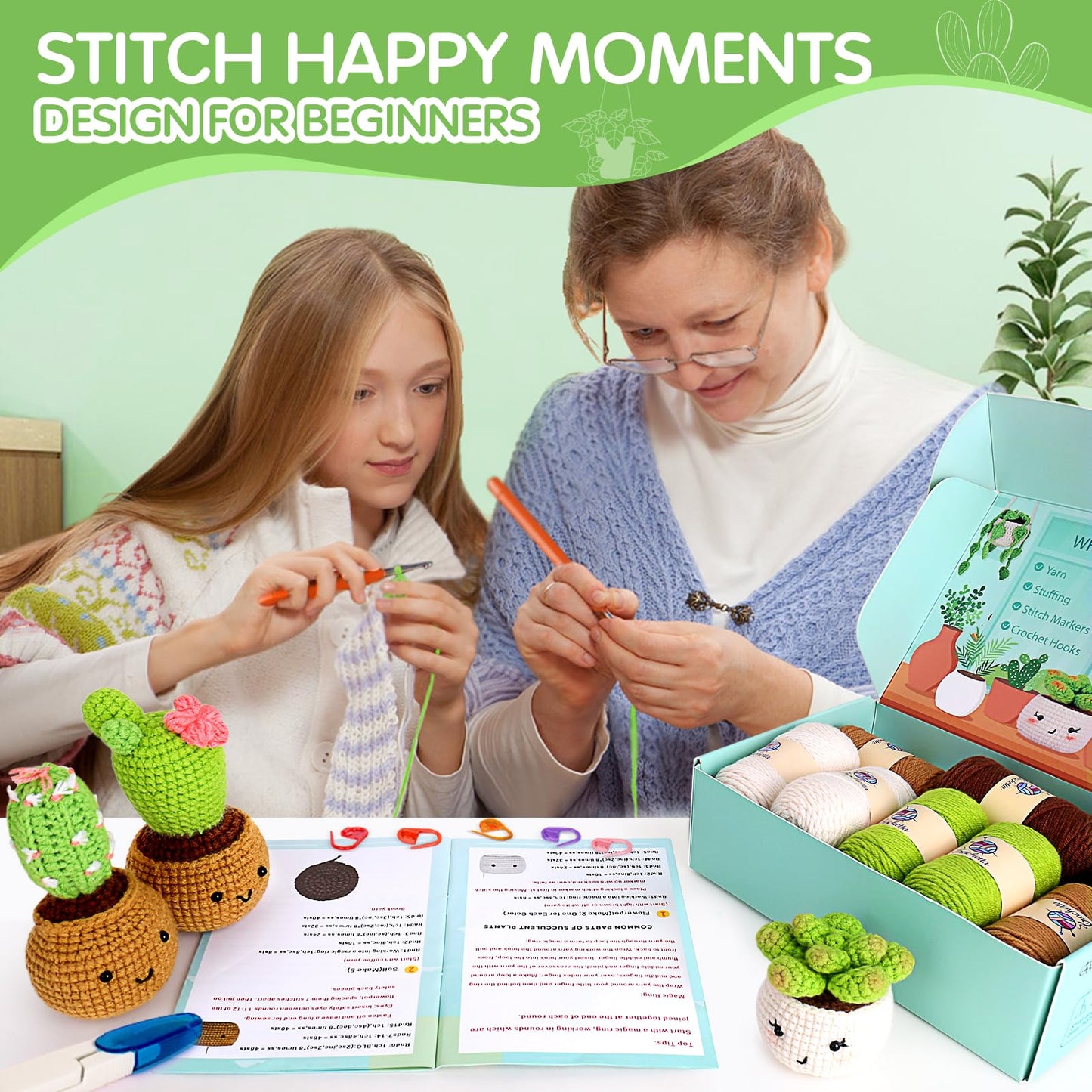 Crochetta Crochet Kit for Beginners, Crochet Starter Kits for Adults, Amigurumi Craft Knitting Crocheting Kits with Step-by-Step Video Tutorials, 6 Pc Hanging Potted Plants Family(40%+ Yarn