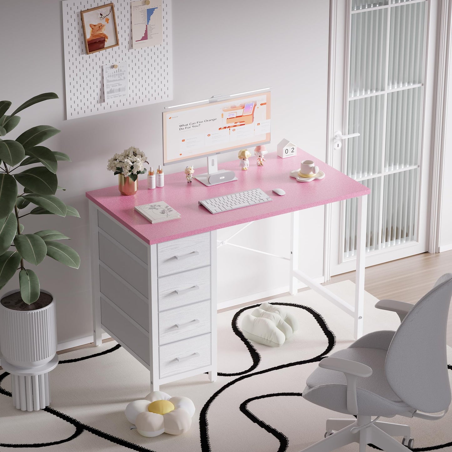 Pamray 32 Inch Computer Desk with 4 Drawers Small Office Desk for Home Bedroom Study Writing Simple Modern Computer Table Pink