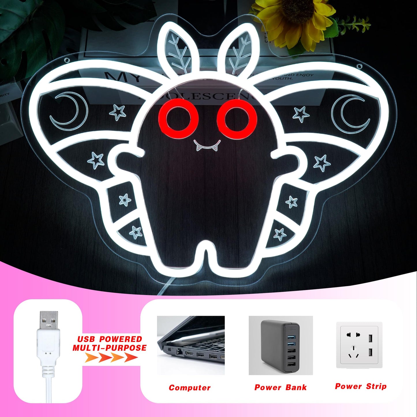 BZTPZ Mothman Neon Sign Cute LED Cryptid Wall Art Cartoon Neon Light for Kids Room Decor Mysterious Creature Light Gift for Fans(14.8 * 10.6inch)