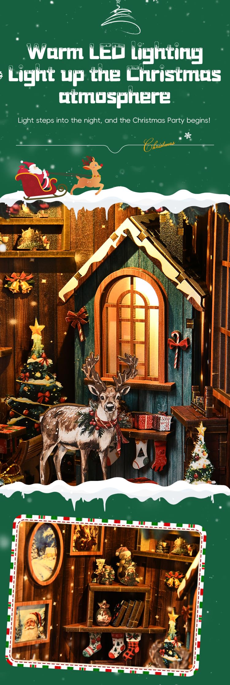 NEXTIPS DIY Mini Book Nook Kit, Snow Realm Wei Pavilion 3D Wooden Puzzle with LED Lights, Christmas Themed Bookshelf Decor, 161 Pcs Adult Craft Model for Home & Gift