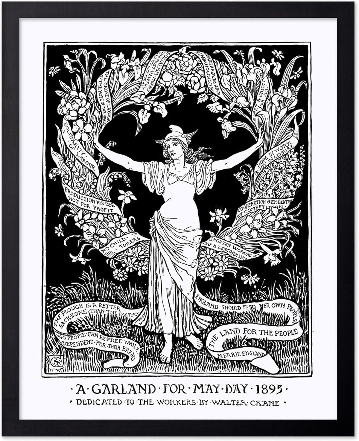 Poster Master Vintage Walter Crane Poster - Retro A Garland for May Day Print - Socialist Art - Gift for Him, Her, Men, Women - Wall Decor for Home, Office, Living Room, 16x20 Black Framed