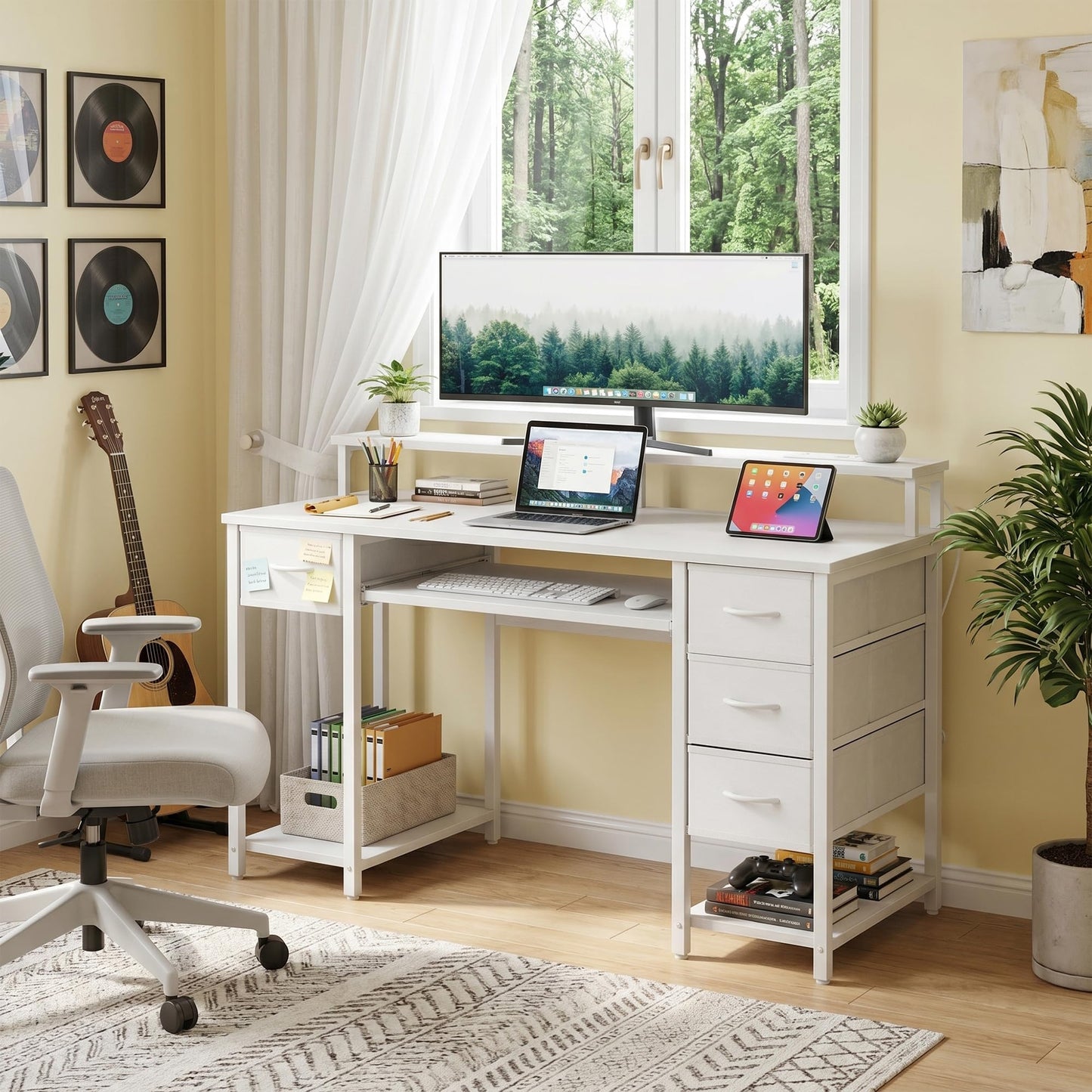 TIQLAB Computer Desk with Drawers and Power Outlets, 47 Inch Gaming Desk with LED Lights, Home Office Desk with Monitor Stand and Keyboard Tray, Study Writing Work Desk for Home Office, White