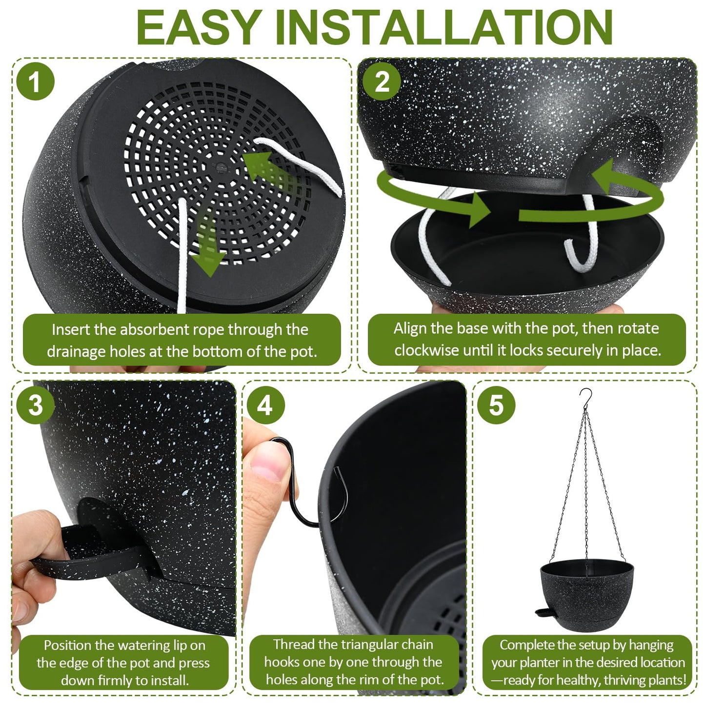 WOUSIWER Self Watering Hanging Planters, 2 Pack 12'' Plastic Pots with Drainage Holes & Reservoir Tray (Speckled Black) | Indoor & Outdoor Use for Ferns, Ivy, Herbs, Succulents