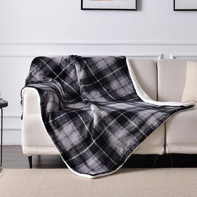 SOCHOW Sherpa Plaid Fleece Throw Blanket, Double-Sided Super Soft Luxurious Bedding Blanket 50 x 60 inches, Grey