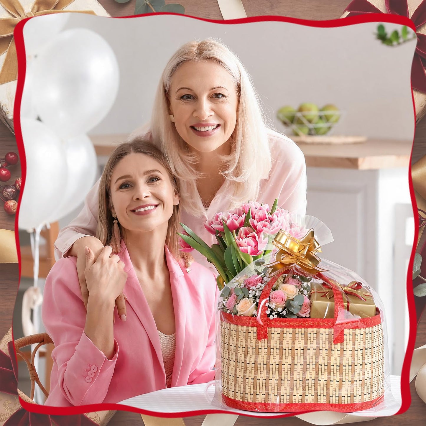 Reallnaive 1 Set Empty Gift Baskets to Fill, Elegant Bamboo Woven Basket with Handle, Includes Cellophane Wrap Bag and Pull Bows, Foldable DIY Gift Basket Kit for Baby Shower, Raffle, Gifts