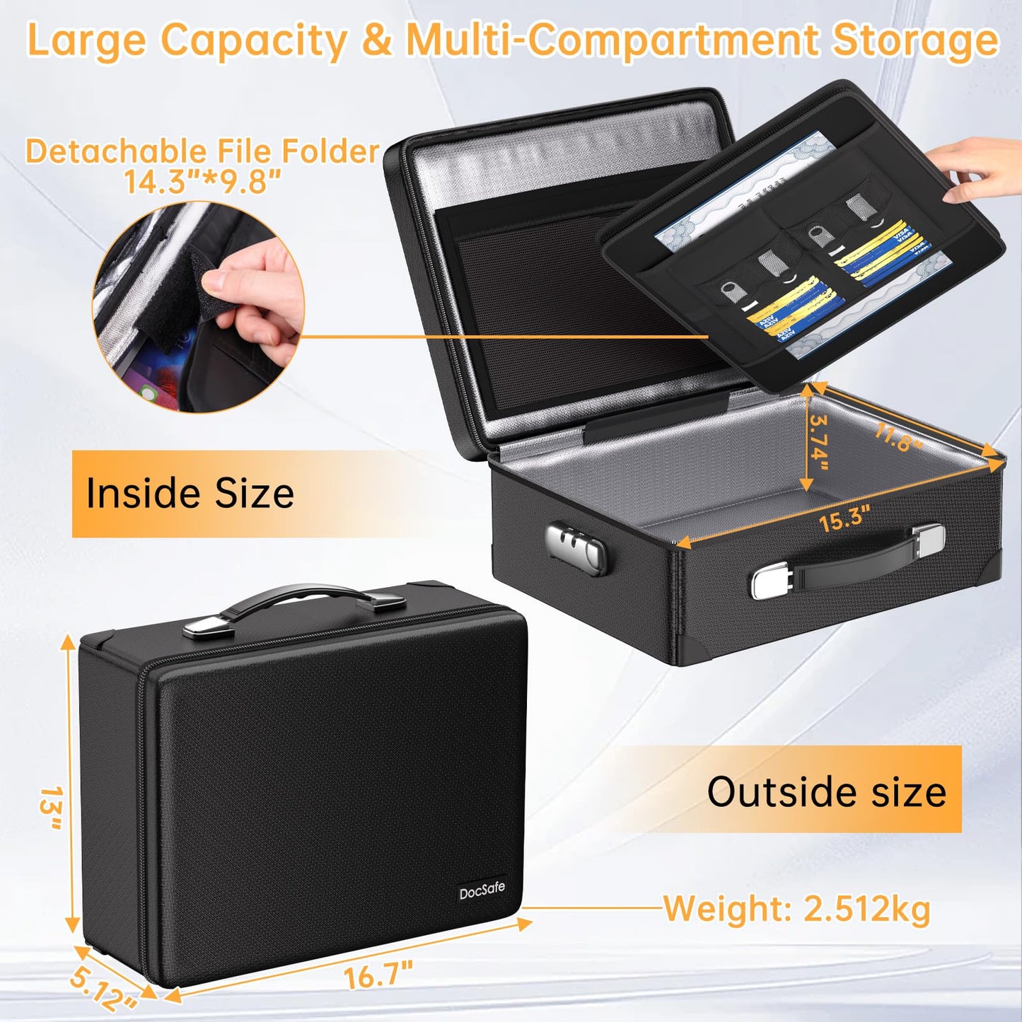 DocSafe 6400°F Fireproof Document Box with Lock,Heat Insulated Fireproof Water Resistant 10 Layers Hard Case Safe Box with Zipper＆Multi Pockets,Protects Personal Items,Documents,Laptop,Passport,Black