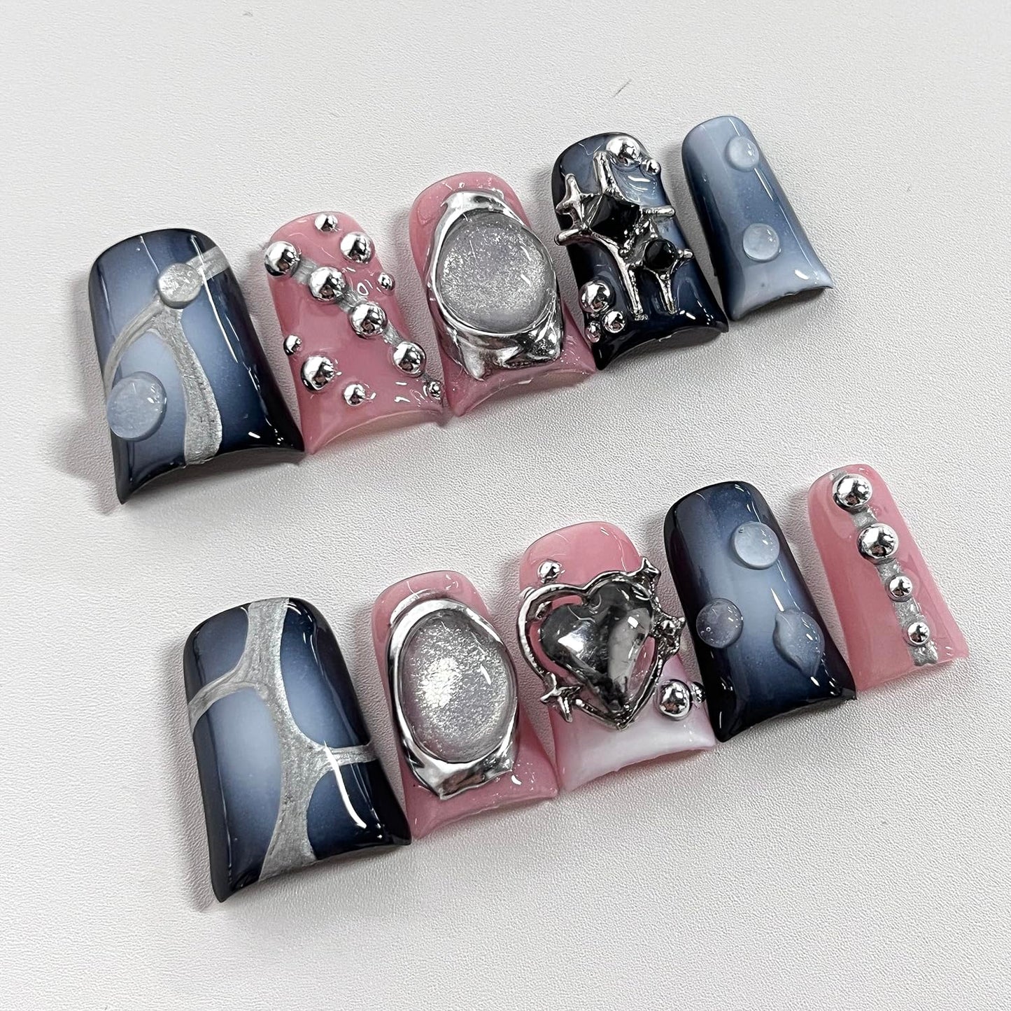 French Tip Press on Nails Handmade Short Duck 3D Flower Thick Acrylic Nails Gothic False Nails with Stars Rhinestones Water Drop Designs Black&White Glossy Fake Nail Sturdy Art Press on Nail 10Pcs(M)