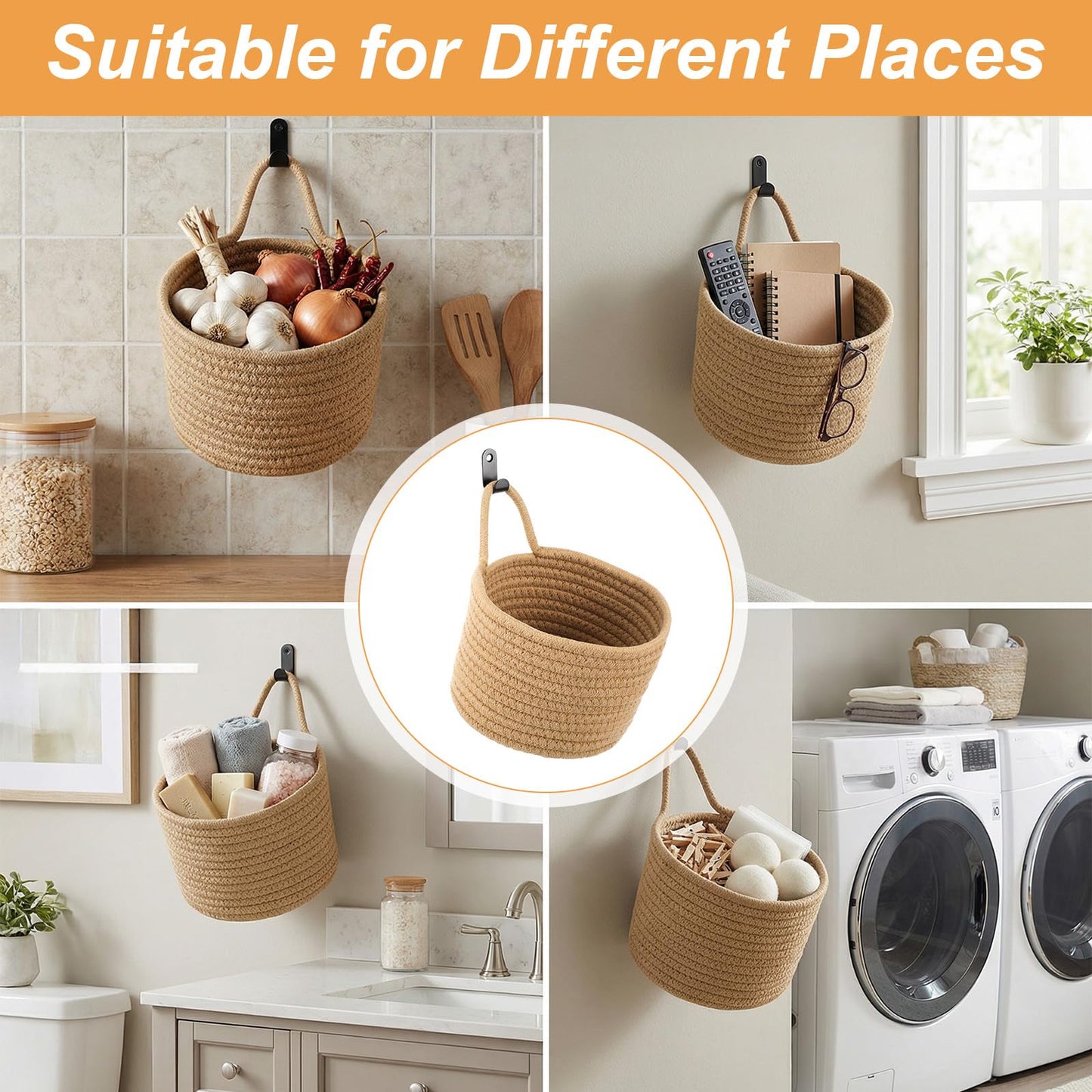 kenaeooe 6 PCS Wall Hanging Basket Set Handwoven Cotton Rope Hanging Fruit Basket Organizer with Hooks Boho Decorative Storage Bins for Home Kitchen Office Door Wall