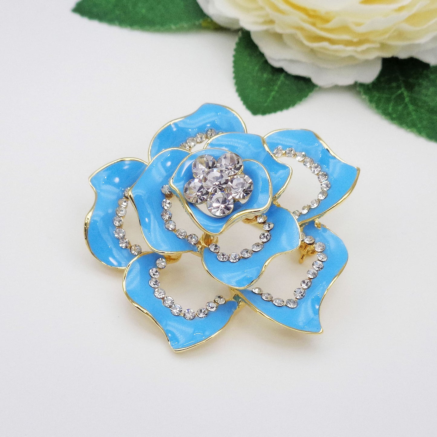 Navachi 18k Gold Plated Clear Crystal Blue Enamel Flower Az8007b Brooch pin