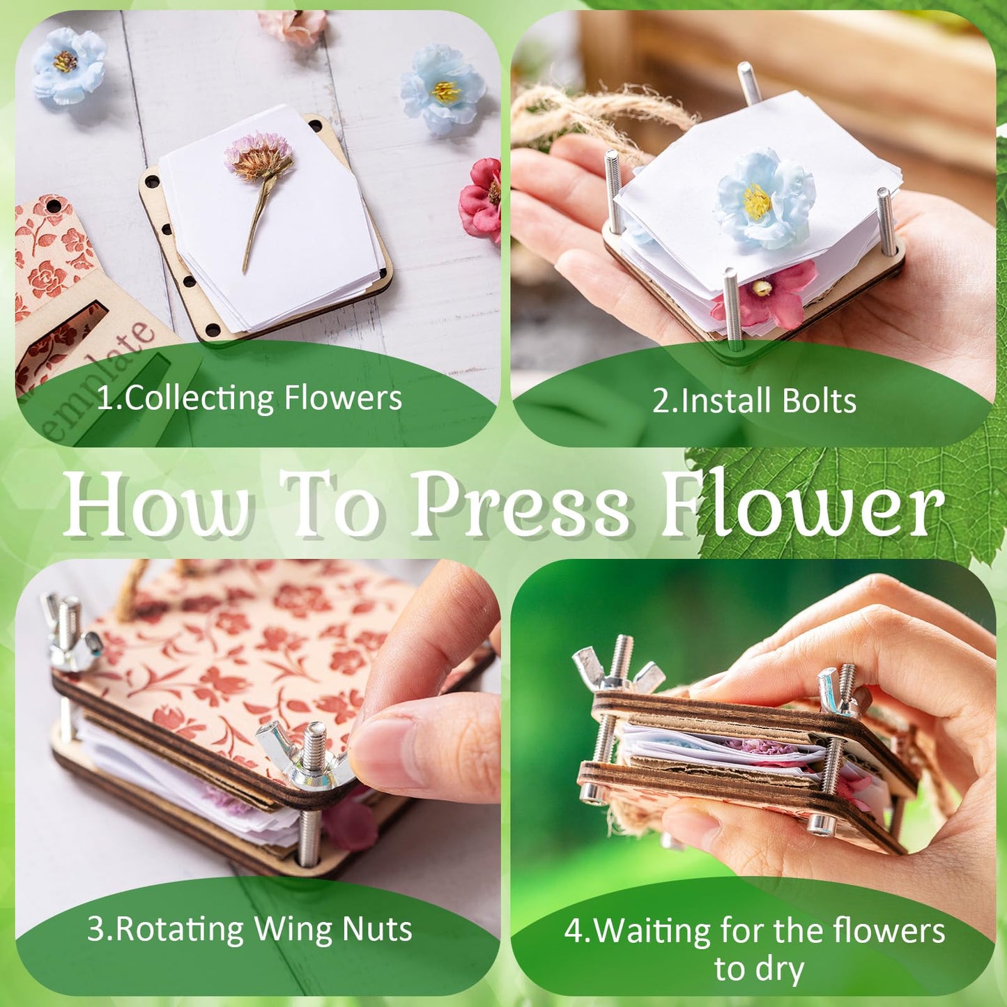 Leriton Micro Flower Press Kit 2.56 x 2.56 Inch Mini Wood Flower Press Kit Pocket Plant Leaf Preservation with 20 Specimen Papers for DIY Arts Crafts Pressing Plants