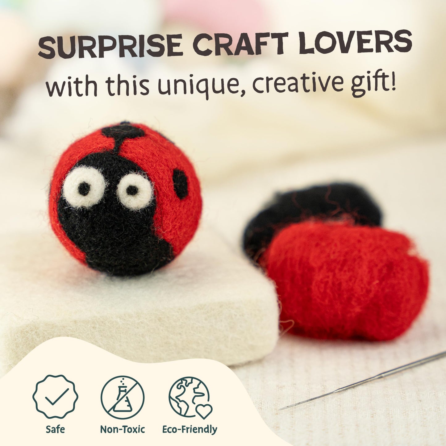 Woolbuddy Needle Felting Starter Kit –Make 6 Cute Characters(Yeti, Giraffe, Panda, Ladybug, Whale, Gator) – Complete Kit for Beginners & Adults with Wool Roving,Felting Needles,Pad & Instruction Guide