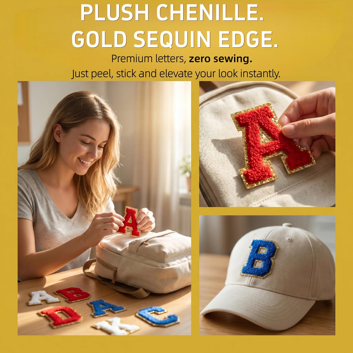 128 Pcs Varsity Letter Patches Kit - 104 Self-Adhesive Chenille Letters & 24 Iron-On Stars, Peel & Stick Fabric Patches for Clothes, Backpacks, Hats (2.17", Red, Black, Blue, White & Gold Stars)