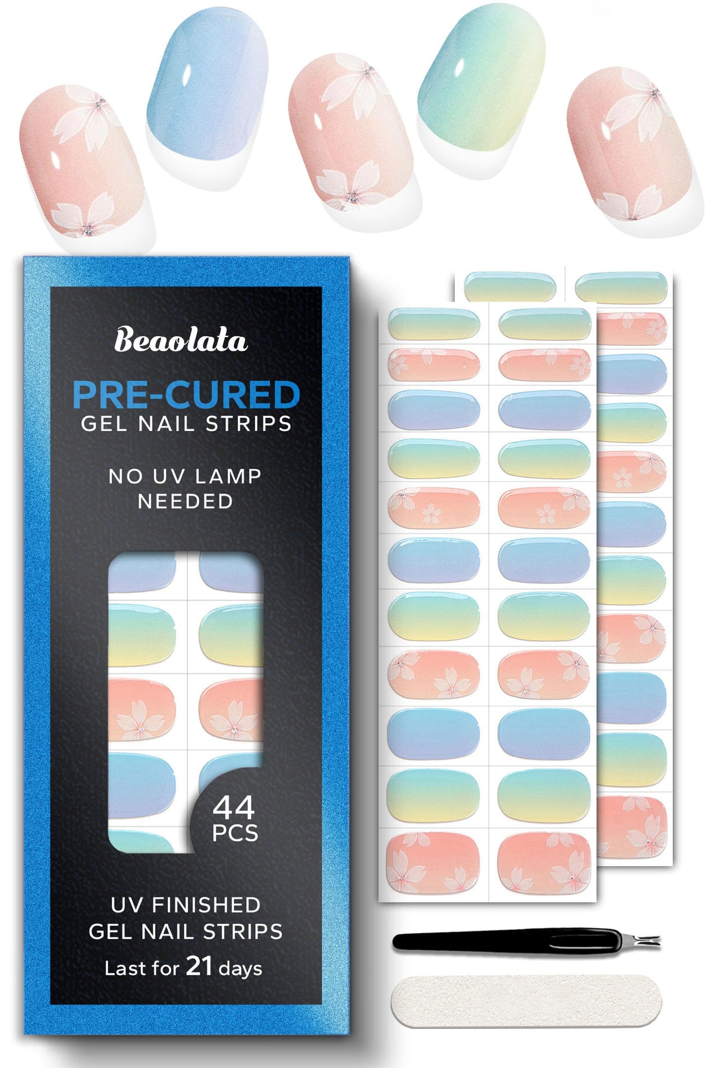 Beaolata Real Gel Nail Strips (No UV Light Needed) - 44Pcs Salon Quality Nail Stickers - Long Lasting Polish Wraps for Women, Easy Apply & Remove (Mint Rose Pink)