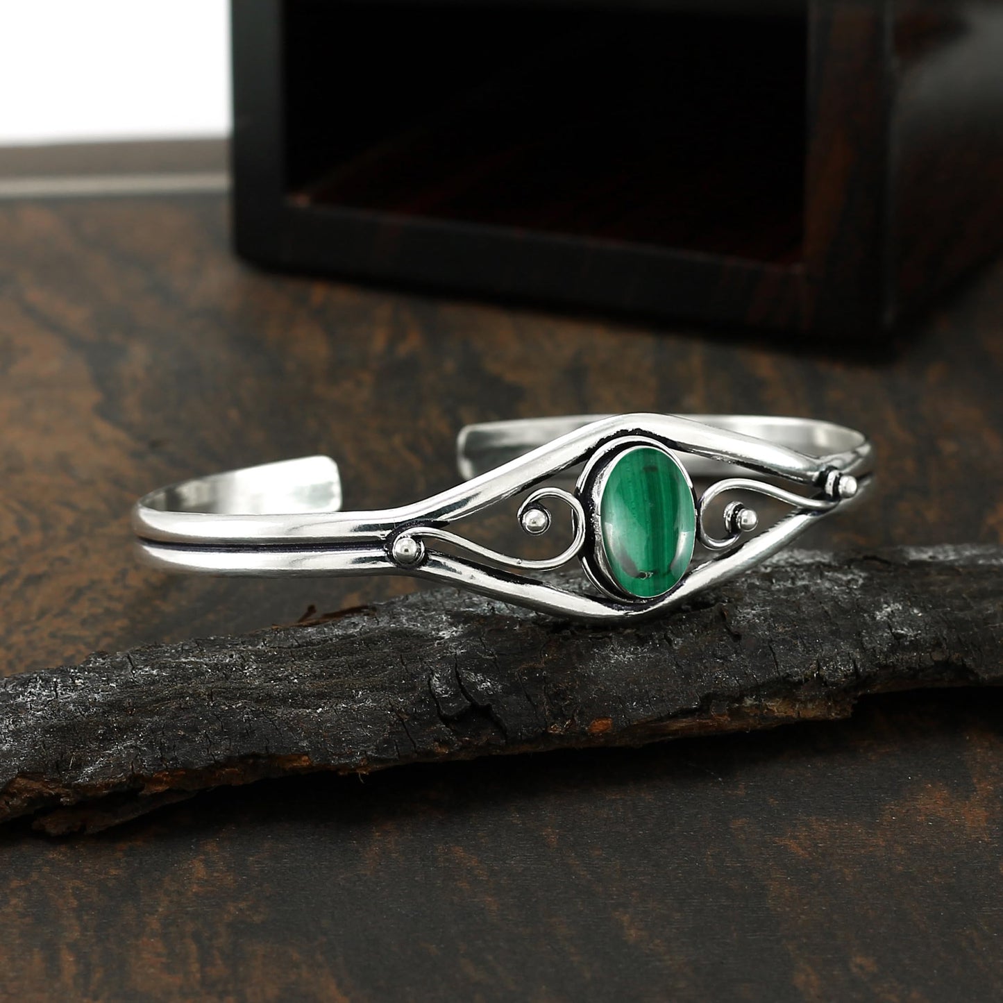 925 Silver Plated Natural Malachite Cuff Bangle Bracelet for Women – Handmade Open Bangle – Green Gemstone April Birthstone Statement Jewelry – Gift for Her