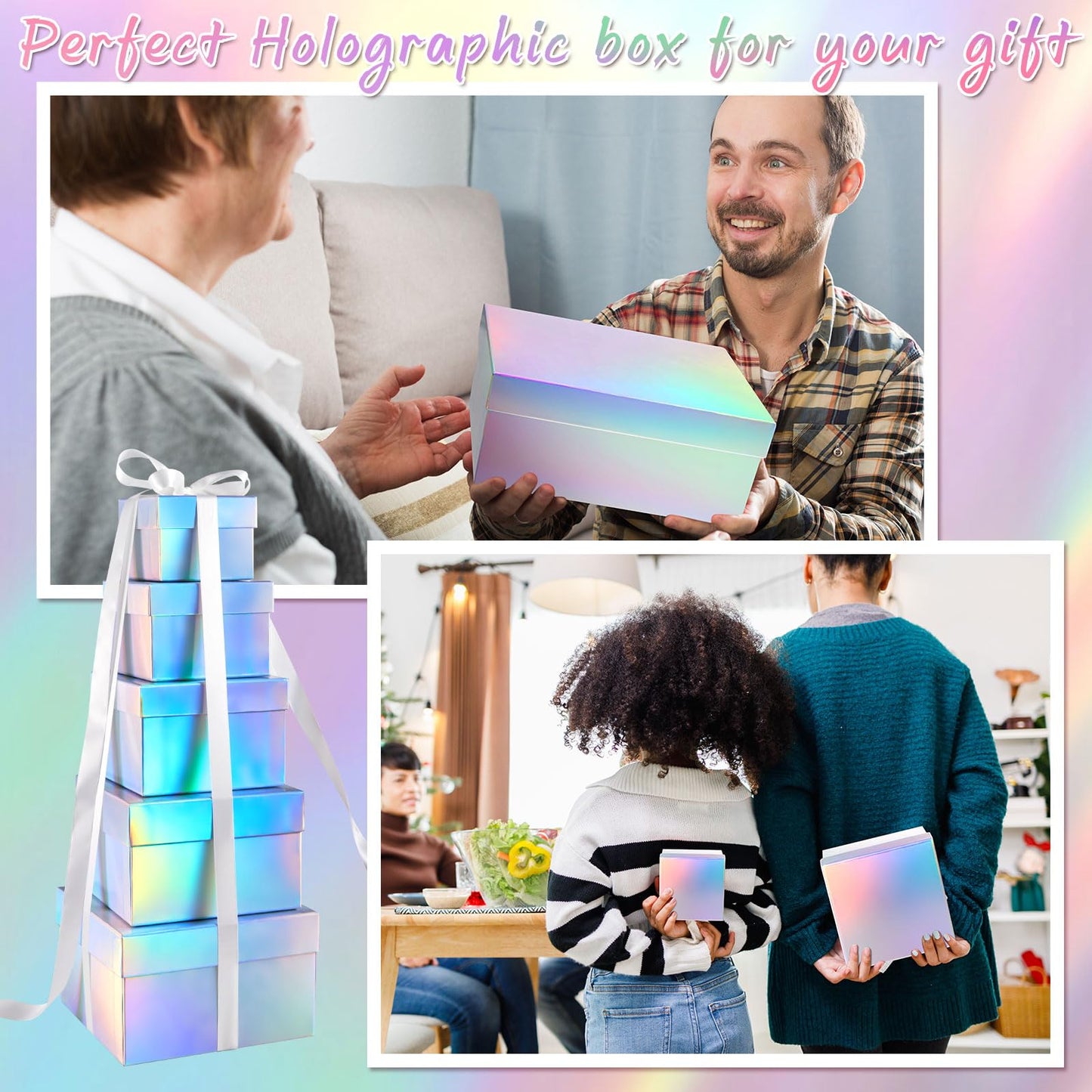 Fulmoon 5 Pack Holographic Silver Square Nesting Gift Boxes with Lids Set Assorted Sizes 8in 7in 6in 5in 4in with Ribbon for Wedding Graduation Birthday Presents Keepsake