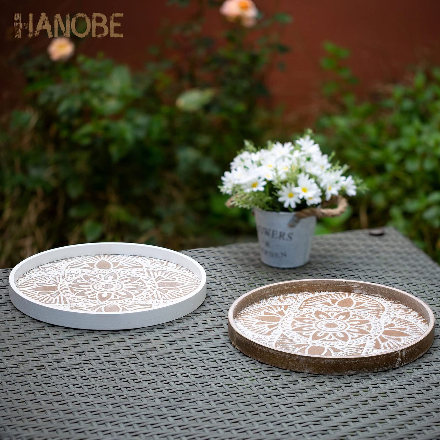 Hanobe Round Decorative Tray for Table: Boho Coffee Table Trays for Home Decor - Mid Century Farmhouse Circle Wood Serving Rustic Bohemian for Kitchen Counter Women