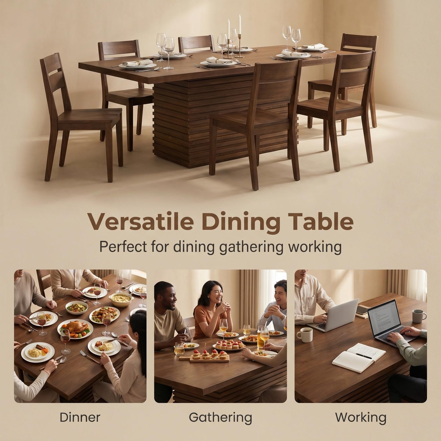 84" Mid Century Modern Dining Table for 6-8 Farmhouse Wood Kitchen Dining Room Table with Fluted Pedestal Base Large Rectangle Dinner Tables for Kitchen Dining Living Room, Walnut