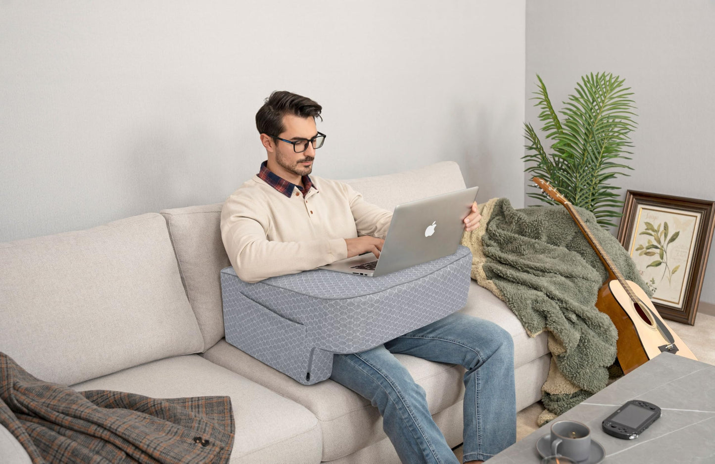 Comfyt Reading Pillow with Foam, Large Lap Desk Pillow with Pocket Arm Rest, Gaming Pillow in Bed and Floor, Sofa Back Support for Sitting Up Relaxation in Bed, with Washable Cover