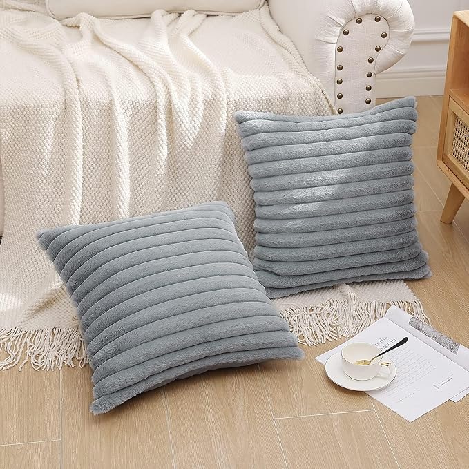 Pallene Faux Fur Plush Throw Pillow Covers 26x26 Set of 2, Luxury Soft Fluffy Striped Decorative Pillow Covers for Sofa, Couch, Living Room, Grey