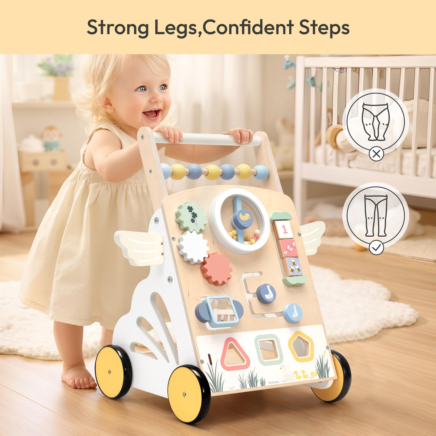 KizKnows Wooden Baby Walker with Wheels Speed Adjustable Baby Push Walker for 12+ Months Boys Girls Learning to Walk & Sit-to-Stand Activity Center with Sensory Toy Kids Development Gift