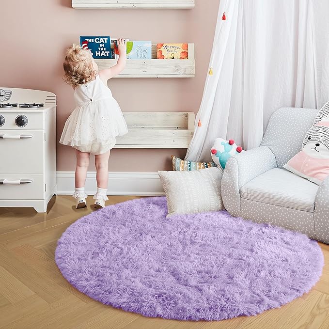 Amdrebio Light Purple Circle Round Rugs 4Ft for Girls Bedroom, Fluffy Fuzzy Area Rugs for Kids Room Decor Aesthetic, Soft Cute Furry Plush Shaggy Lavender Carpet for Living Room, Baby Nursery, Dorm