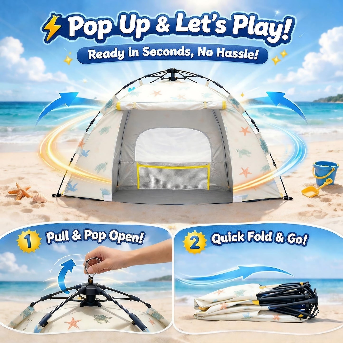 Baby Beach Tent Pop Up Sun Shelter with UPF 50+ UV Protection, Silver-Coated Interior, Breathable Mesh Ventilation, Easy Setup, Wind-Stable Beach Shade for Infants & Toddlers