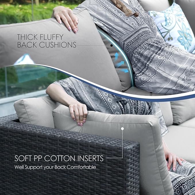 NICESOUL 9 Piece Outdoor Patio Sofa Set with Fireplace Natural Gas/Propane, 29.3'' High Back Comfy Sectional, Oversized Deep Seating Wicker Conversation, XL Big Outside Furniture for Backyard, Gray