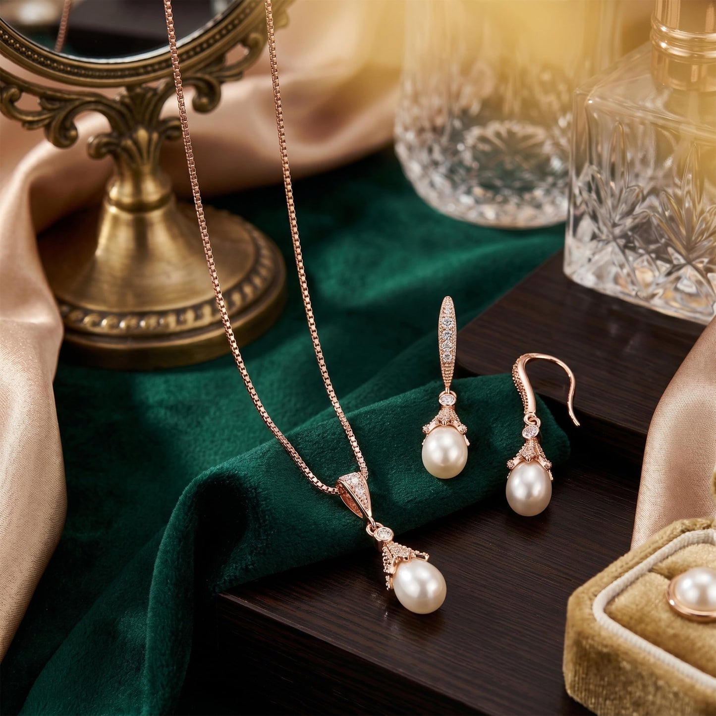 Mariell 14K Rose Gold Plated Wedding Necklace & Earrings Jewelry Set with Freshwater Pearl for Bridesmaids & Brides