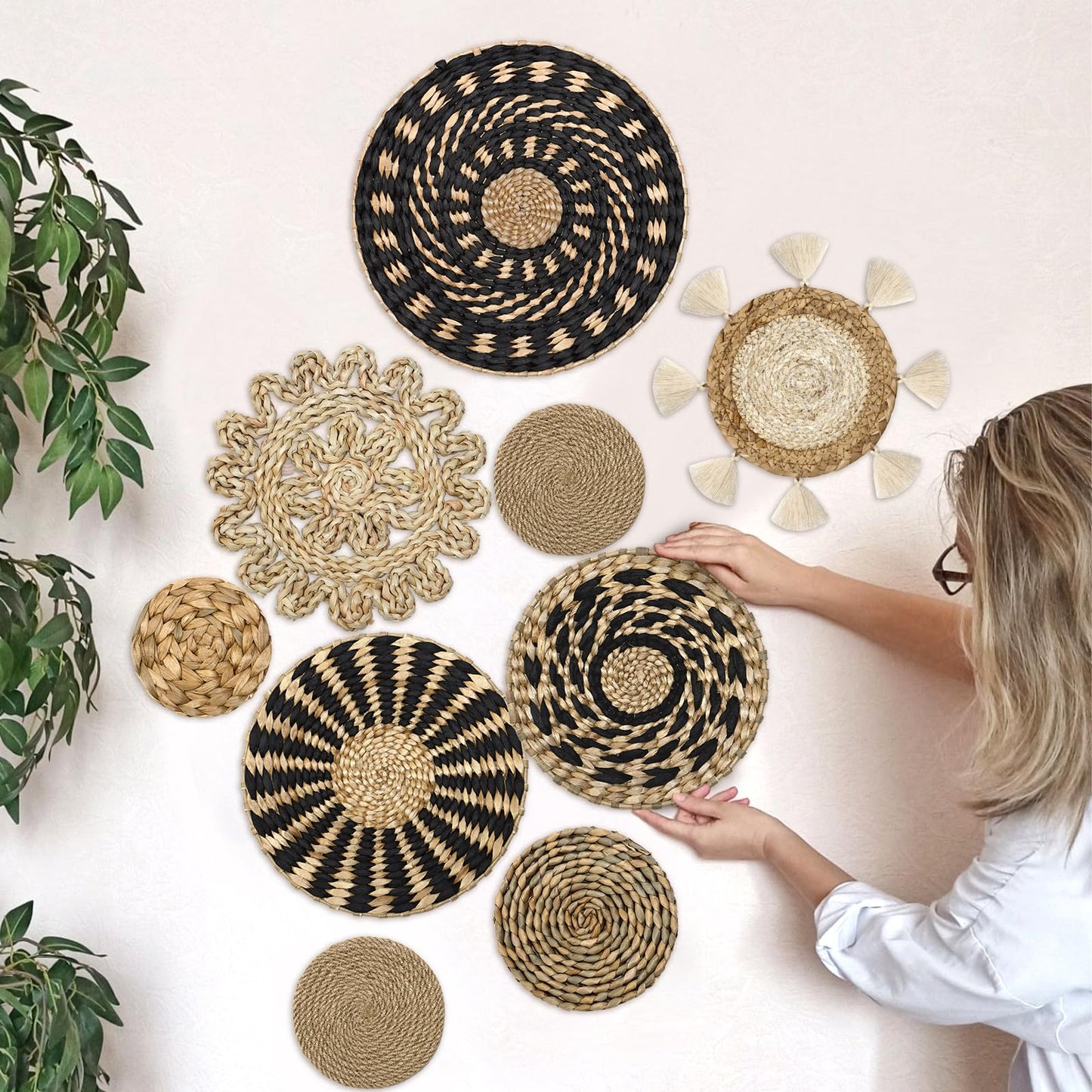 LOMOHOO Set of 9 Boho Wall Basket Decor Wicker Woven Wall Basket Decorations Bohemian Handcrafted Round Basket Hanging decor Bulrush Wall Art Decors for Living Room Rustic Home