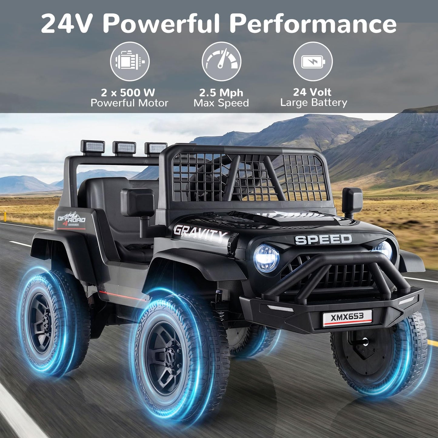 OLAKIDS 24V Ride on Car with Remote Control, Bluetooth, LED Lights, Horn, Spring Suspension, High/Low Speeds, Soft Start for Kids Aged 3+ (Black)